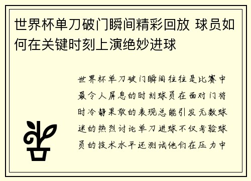 世界杯单刀破门瞬间精彩回放 球员如何在关键时刻上演绝妙进球